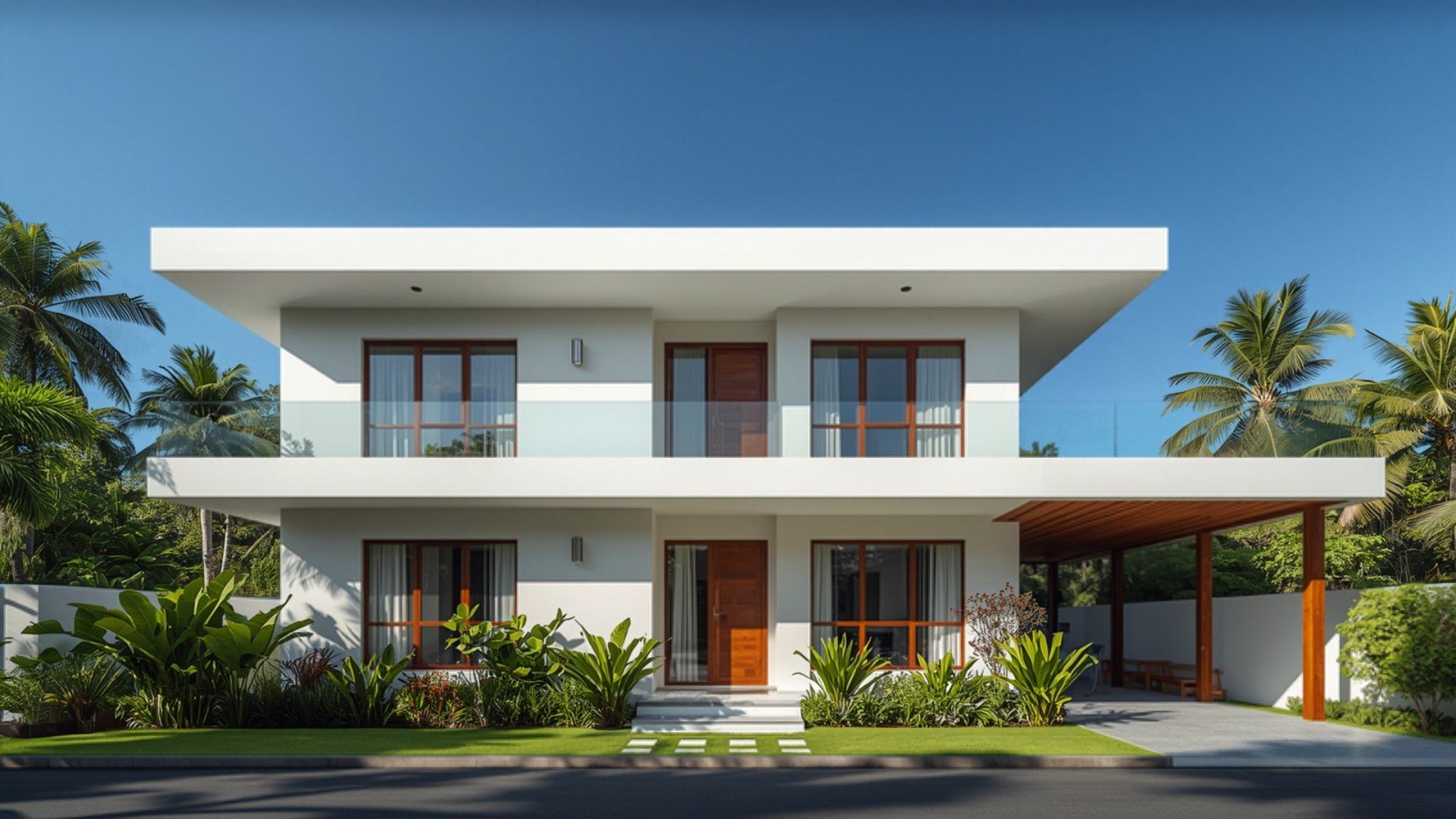 Rumah tropis dua lantai berdinding putih