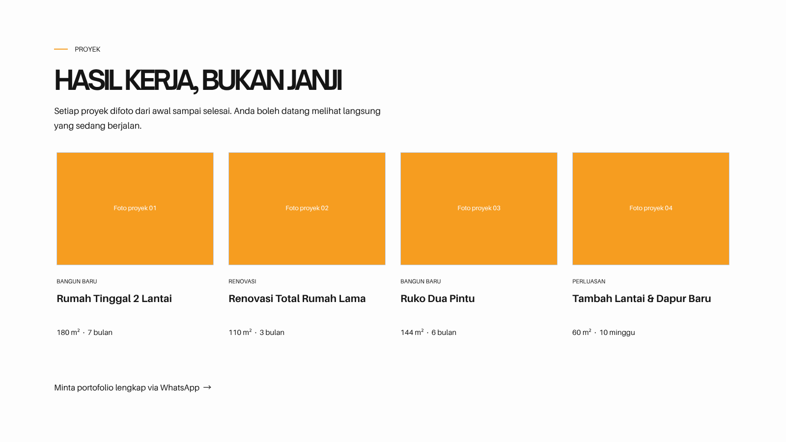 Proyek NNB: Rumah Tinggal 2 Lantai 180 m2, Renovasi Total Rumah Lama 110 m2, Ruko Dua Pintu 144 m2, Tambah Lantai dan Dapur Baru 60 m2.